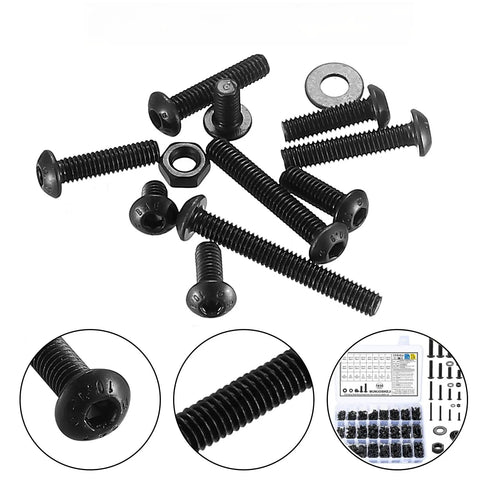 Close-up of black zinc screws and washers from the 1630 Piece Black Zinc Phillips Pan Head Machine Screw Workhorse Assortment Kit.