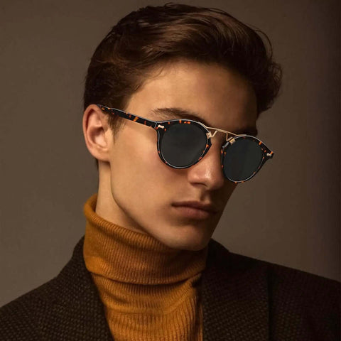 Double Bridge Round Polarized Sunglasses For Men With UV Protection Retro Tortoise Eyewear Nickel Free Metal Brow Design