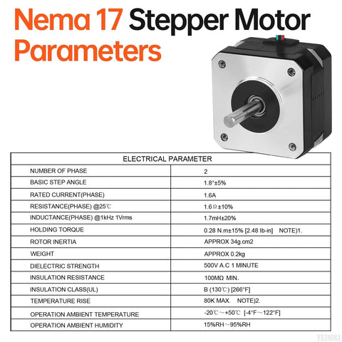 Ten Pack Nema 17 Stepper Motors 1.8 Degree 2 Phase High Torque 0.28Nm specifications chart