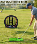 Pop Up Golf Chipping Net with Three Front Target Zones and Double Sided Training for Indoor and Outdoor Practice in use on golf course.