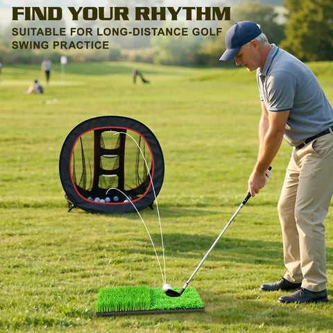 Pop Up Golf Chipping Net with Three Front Target Zones and Double Sided Training for Indoor and Outdoor Practice in use on golf course.