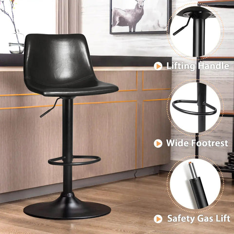 Modern Adjustable Counter Height Swivel Bar Stools Set Of 4 With Backrest Faux Leather Upholstery Black for Kitchen Island