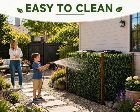 Kid spraying water on Expandable Wooden Privacy Fence Panel With Dope Artificial Flowers And Greenery for Outdoor Privacy Screen