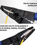 All-In-One 8-Inch Wire Stripper And Multi-Tool Cutter with serrated pliers nose for gripping wires, induction hardened edge visible
