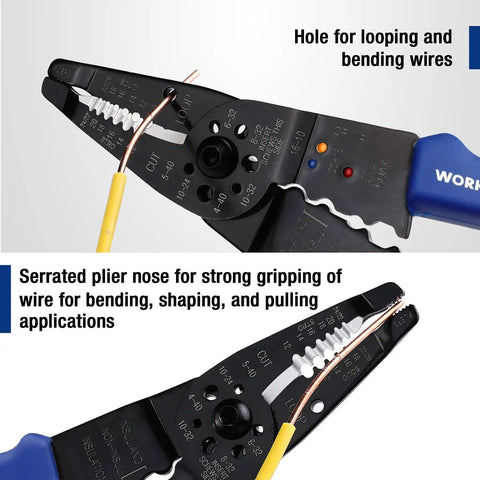All-In-One 8-Inch Wire Stripper And Multi-Tool Cutter with serrated pliers nose for gripping wires, induction hardened edge visible