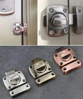 Hella Tough Zinc Alloy Gate Latch For Sliding Doors Rock Solid Right Angle Hook Buckle in silver, bronze, and gold finishes.