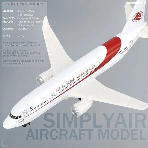 Algeria One Four Hundred Scale Alloy Fuselage Plastic Airplane Model For Collection And Display Ready To Play No Assembly Required 5.6 Inch Length 5 Inch Wingspan Perfect Display Piece, airplane side view with red stripe and logo on tail, plastic and alloy material description.