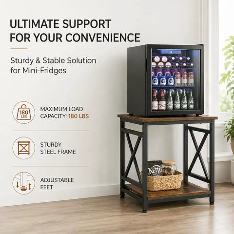 Smooth Industrial Side Table With Built Tough X Frame And Rustic Brown Wood Top Offers Two Tier Storage Shelf Works Like Magic As A Sturdy Nightstand Or Bedside Stand For Living Room Setup with mini fridge on top