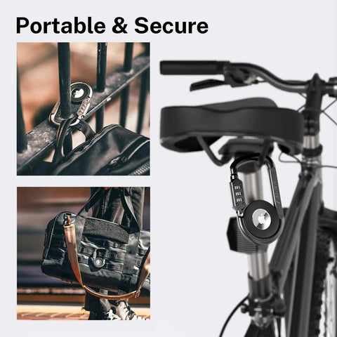 Upgraded AirTag Link And Lock with 3-digit lock on bike and bag, showcasing secure mounting for anti-theft protection.
