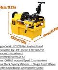 Built Different Heavy Duty Electric Pipe Threader Threading Machine With Self Oiling System And NPT BSP Dies For Precision Threading Trimming And Cutting 220V Power Beast side view with operational controls and dimensions