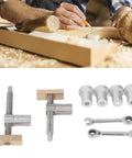 Clamp Style Hole Clamp for Woodworking and Workbench Setup, heavy duty all metal stainless steel with brass stop, tools and components displayed