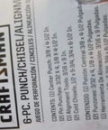 Label of Six Piece Punch And Chisel Alignment Set with sizes and contents in English and Spanish.