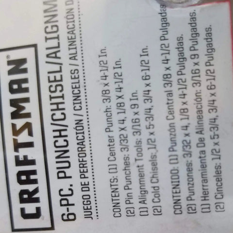 Label of Six Piece Punch And Chisel Alignment Set with sizes and contents in English and Spanish.