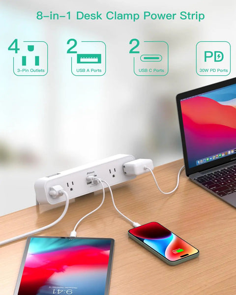 8 In 1 Desk Clamp Power Strip With 4 Outlets And 4 USB Ports Including 2 USB-C PD Fast Charge on a desk with devices connected