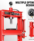 Heavy Duty 30 Ton Air Hydraulic Shop Press With Red Rock Solid H Frame Build Featuring Adjustable Table Height And Secure Stamping Plates For Badass Garage Metalwork And Auto Repair Tasks, showing dual scale gauge.