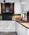 Modern kitchen featuring 30 Pack Gold Cabinet Handles With 3 Inch Hole Centers Brushed Brass Finish Stainless Steel Dresser Drawer Pulls.