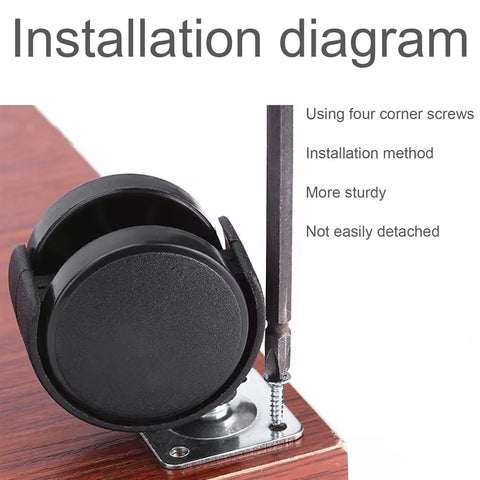 Installation of 2 Inch Caster Wheels With Brakes, Swivel Nylon Plate Casters Set Of 4 with screws shown on wooden surface