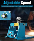Rock Solid Rotary Welding Positioner Turntable Table Featuring Quick 110V Spin Smooth Foot Pedal Control And Durable 2.5 Inch Cast Iron Work Surface For Hassle Free Annular Weld Jobs with control knob for adjustable speeds.