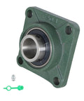 Front view of green UCF208-24 pillow block bearing, 1-1/2 in bore, square flange; includes mounting screw and green plug