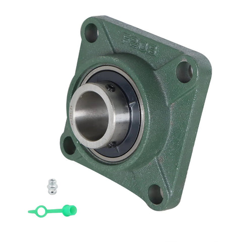 Front view of green UCF208-24 pillow block bearing, 1-1/2 in bore, square flange; includes mounting screw and green plug