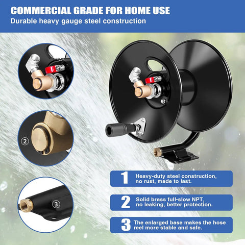 Heavy Duty Pressure Washer Hose Reel With 4000 PSI Rating showing metal construction and fittings