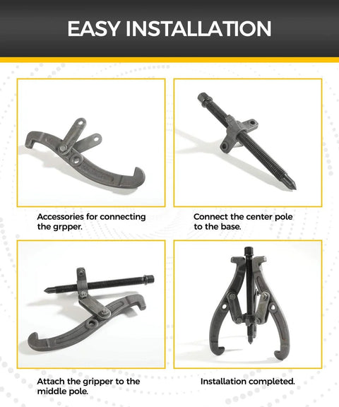 Steps showing assembly of 6 Inch Bearing Puller With Three Jaw Gear Design For Cars SUVs And Motorcycles Heavy Duty Wheel Puller.
