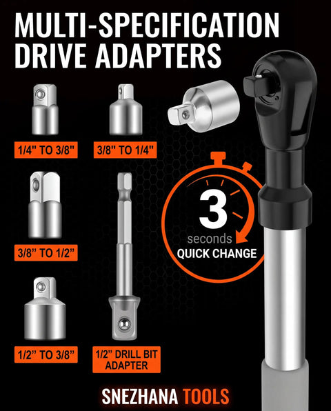 Half Inch Offset Extension Wrench With Electric Power And Versatile Three Eighths Inch And One Quarter Inch Square Drive Adapters Impact Ratchet Extender For Tight Spots In Automotive Plumbing And Furniture Assembly High Torque shown with multi-sized drive adapters