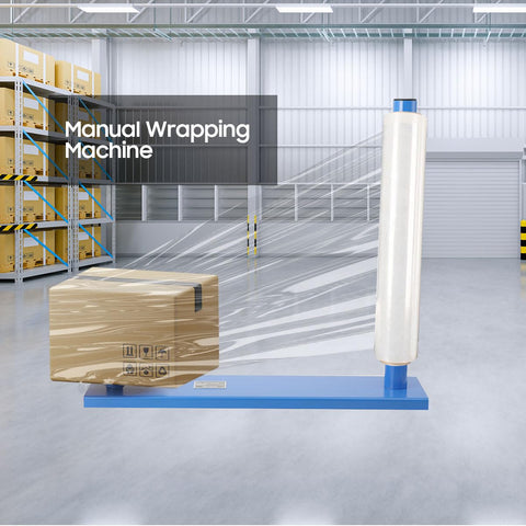 Heavy Duty Manual Stretch Film Dispenser Portable Wrap Tool For Quick Pallet Packaging And Warehouse Shipping Tasks You Can Knock Out In No Time Flat Today, with a box wrapped in film.