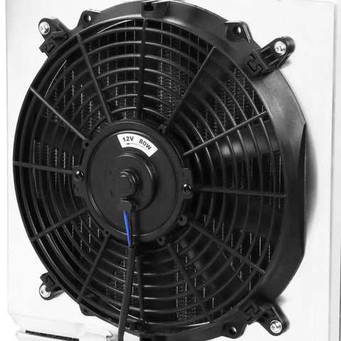 Close-up of the 12V fan on a 2 Row Radiator With Aluminum Fan Shroud For Civic 1992 Through 2000 Del Sol 1993 Through 1997 Integra 1994-2001