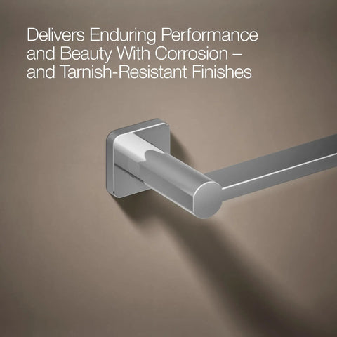 Close-up of wall-mounted Parallel 24-Inch Towel Bar In Polished Chrome, featuring circular-in-square design.