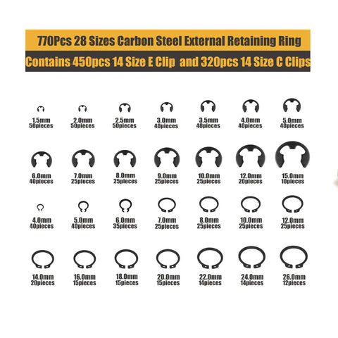Durable C Clips And E Clips Snap Ring Assortment Kit In Black Carbon Steel With 28 Sizes From 1.5mm To 26mm Displayed