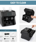 No Sweat Multi Currency Money Counter And Bill Sorter With Touchscreen Counterfeit Scanner Reject Tray showing product accessories and easy maintenance features.