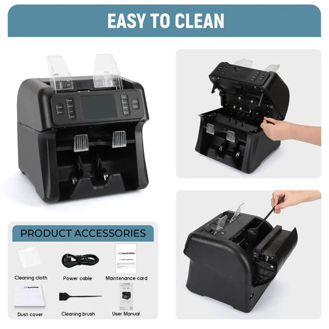 No Sweat Multi Currency Money Counter And Bill Sorter With Touchscreen Counterfeit Scanner Reject Tray showing product accessories and easy maintenance features.