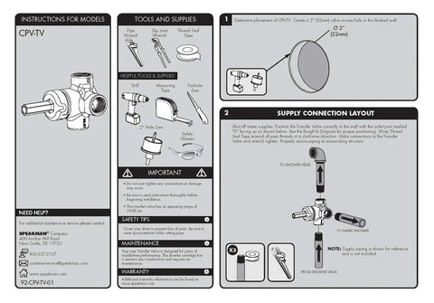 Installation instructions for Two Way Brass Shower Transfer Valve With Ceramic Cartridge, 1/2 In NPT Inlet And Two Outlet Connections.