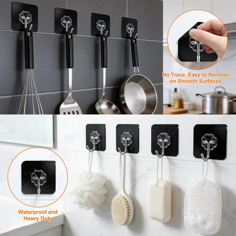Heavy Duty Adhesive Hooks Up To 50 LB Matte Black Wall Hangers holding utensils and bath items, waterproof and removable