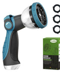 High Pressure Metal Garden Hose Nozzle With 10 Spray Patterns And Thumb Control On Off Valve For Car Wash Plants Pets And Outdoor Cleaning Built For Home Use And Heavy Duty Tasks Blue, with packaging and rings