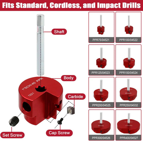 8 Piece PVC Pipe Reamer Set For DIY Pros And Home Projects Includes PPR75 Through PPR400 Sizes Fits Standard One-Half-Inch Drills