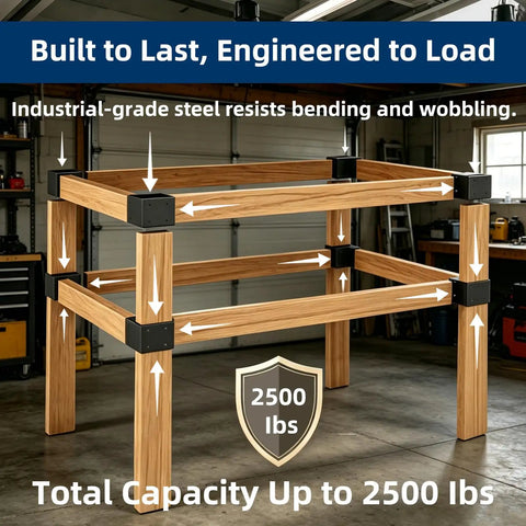 Heavy Duty Workbench Bracket Kit Four Piece Three Way Right Angle Steel Braces For 2x4 Lumber Includes Forty Eight Mounting Screws Build Your Own Sturdy Custom Workbench, black steel corner brace on 2x4 wood frame