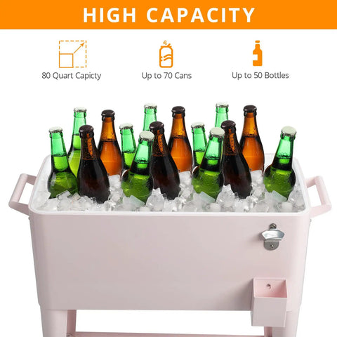 80 Quart Rolling Cooler Cart Portable Bar Drink Cooler On Wheels With Ice Chest Shelf Bottle Opener And Cap Catch For Patio Parties BBQ Beach Activities Pink Keeps Ice For Up To 48 Hours And Keeps Warm Food Above 40 C For 4 To 5 Hours