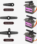 Six Pack Of FT90S 9g Micro Servo Motors With All Metal Gears High Torque 180 Degree Rotation, different arm types displayed