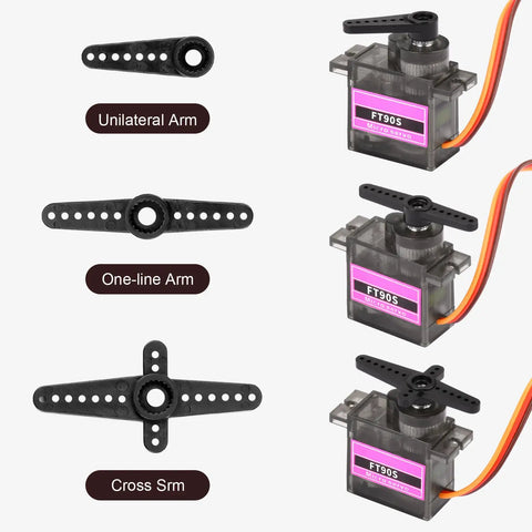 Six Pack Of FT90S 9g Micro Servo Motors With All Metal Gears High Torque 180 Degree Rotation, different arm types displayed