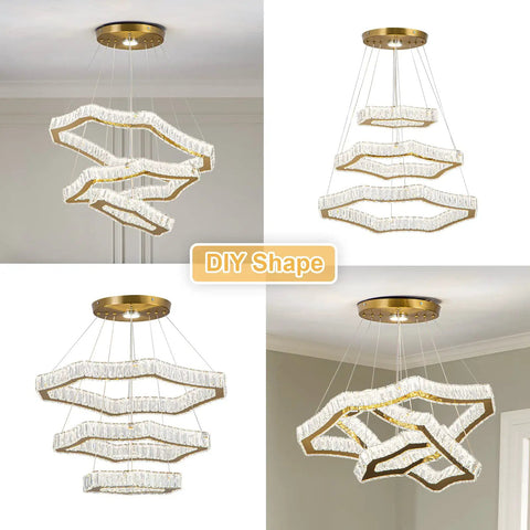 Lit Crystal Rings LED Chandelier With Integrated LED Strips Stainless Steel Frame Modern Hanging Ceiling Light in multiple angles