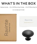 Matte Black Kitchen Cabinet Knobs And Pulls 1 1/4 Inch 40 Pack Easy Install Durable Metal Hardware Upgrade For Cabinets Modern Farmhouse Look To Spruce Up Your Space. box contents with 40 knobs, screws, and Ravinte card