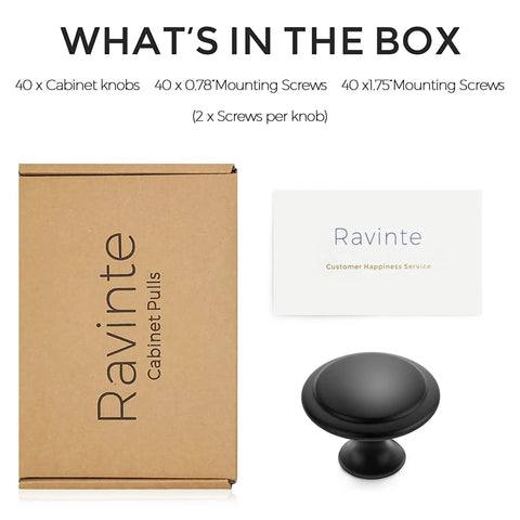 Matte Black Kitchen Cabinet Knobs And Pulls 1 1/4 Inch 40 Pack Easy Install Durable Metal Hardware Upgrade For Cabinets Modern Farmhouse Look To Spruce Up Your Space. box contents with 40 knobs, screws, and Ravinte card