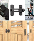 Barn Door Lock Set With Sliding Door Hardware In Carbon Steel Black Finish installed on light wooden door, child and dog standing nearby.
