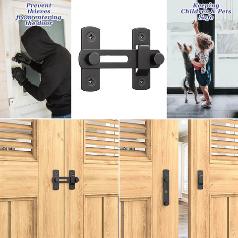 Barn Door Lock Set With Sliding Door Hardware In Carbon Steel Black Finish installed on light wooden door, child and dog standing nearby.