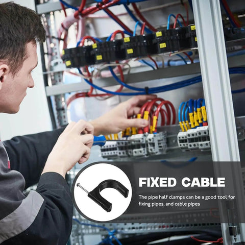 Technician using 100 Piece 25mm Round Plastic Tube Clamps With Steel Nails Black Heavy Duty Half Clamp Fixtures for cable management