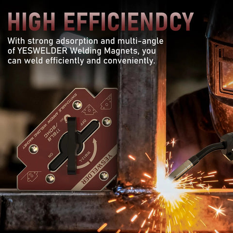 Front view of YESWELDER welding magnet with on/off arrow switch, red metal plate, 176 lb holding power