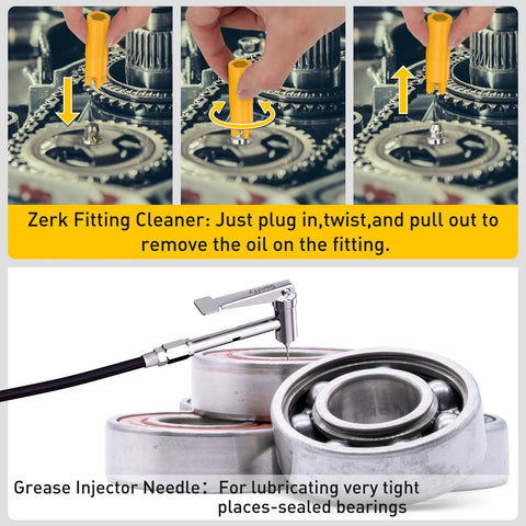 90 Degree Grease Gun Coupler Set Right Angle Zerk Fittings Adapter for Tight Spaces with needle for sealed bearings