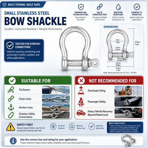 20 Pack One Quarter Inch Stainless Steel Screw Pin Shackles Set Beefy Bow Clevis Anchors For Chain Rope Tie Downs And Trailer Use Heavy Duty 1000 Kg Working Load Limit And 3800 Kg Breaking Load 304 Stainless Steel, small bow shackle with dimensions